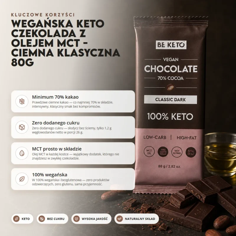 Wegańska Keto Czekolada z Olejem MCT – Ciemna Klasyczna 80g