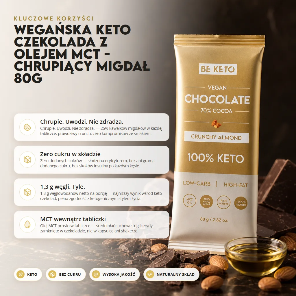 Wegańska Keto Czekolada z Olejem MCT – Chrupiący Migdał 80g