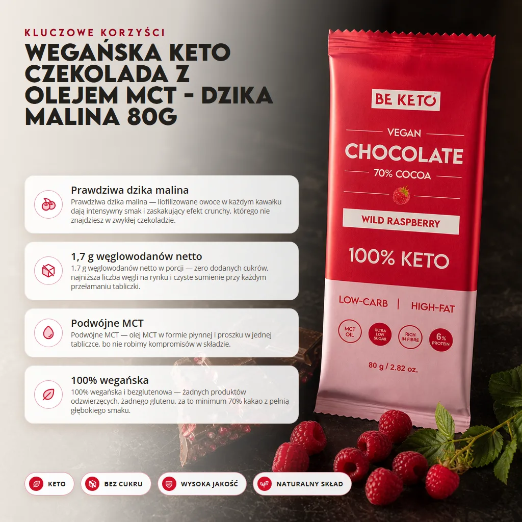 Wegańska Keto Czekolada z Olejem MCT – Dzika Malina 80g