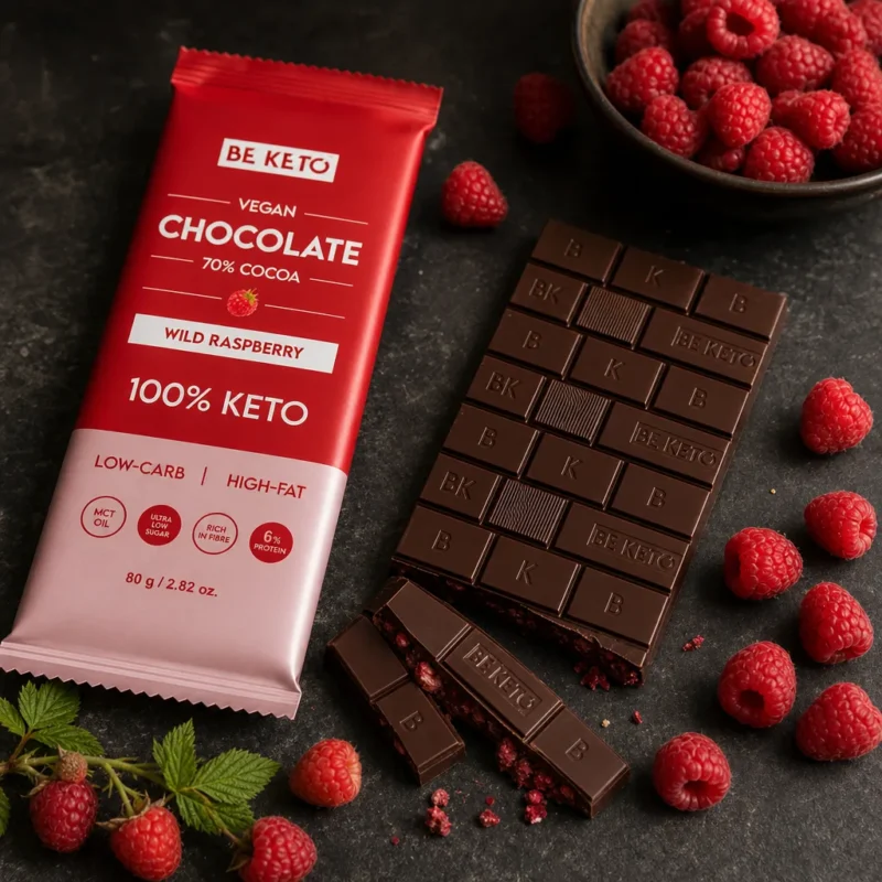 Wegańska Keto Czekolada z Olejem MCT – Dzika Malina 80g
