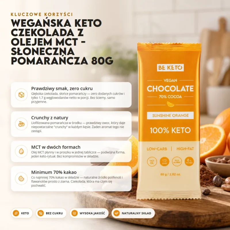 Wegańska Keto Czekolada z Olejem MCT – Słoneczna Pomarańcza 80g – Benefit Wegańska Keto Czekolada z Olejem MCT – Słoneczna Pomarańcza 80g