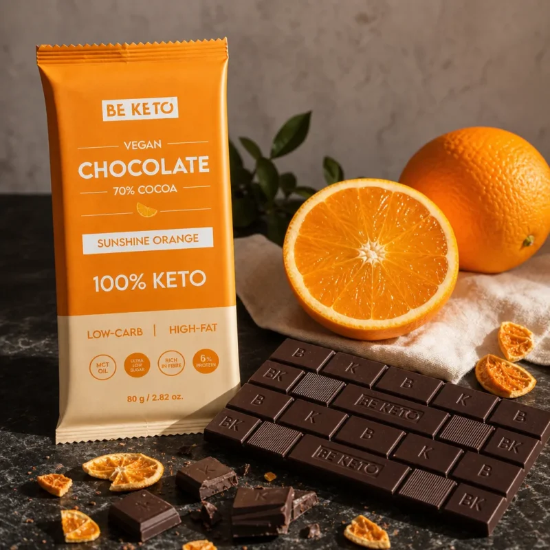 Wegańska Keto Czekolada z Olejem MCT – Słoneczna Pomarańcza 80g – Lifestyle 1 Wegańska Keto Czekolada z Olejem MCT – Słoneczna Pomarańcza 80g