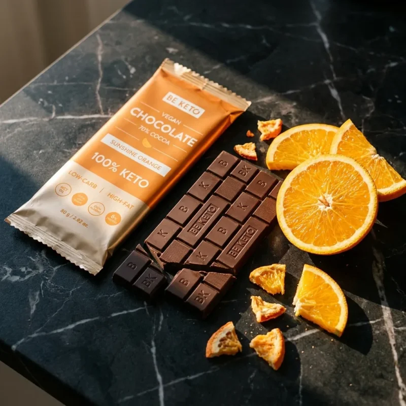 Wegańska Keto Czekolada z Olejem MCT – Słoneczna Pomarańcza 80g – Lifestyle 2 Wegańska Keto Czekolada z Olejem MCT – Słoneczna Pomarańcza 80g