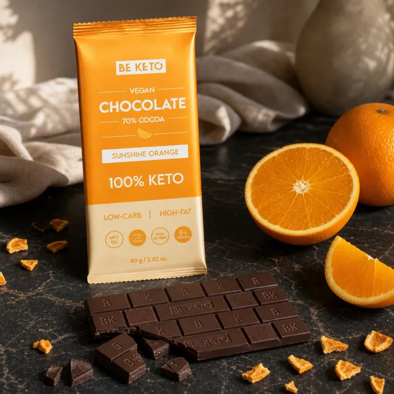 Wegańska Keto Czekolada z Olejem MCT – Słoneczna Pomarańcza 80g – Lifestyle 3 Wegańska Keto Czekolada z Olejem MCT – Słoneczna Pomarańcza 80g