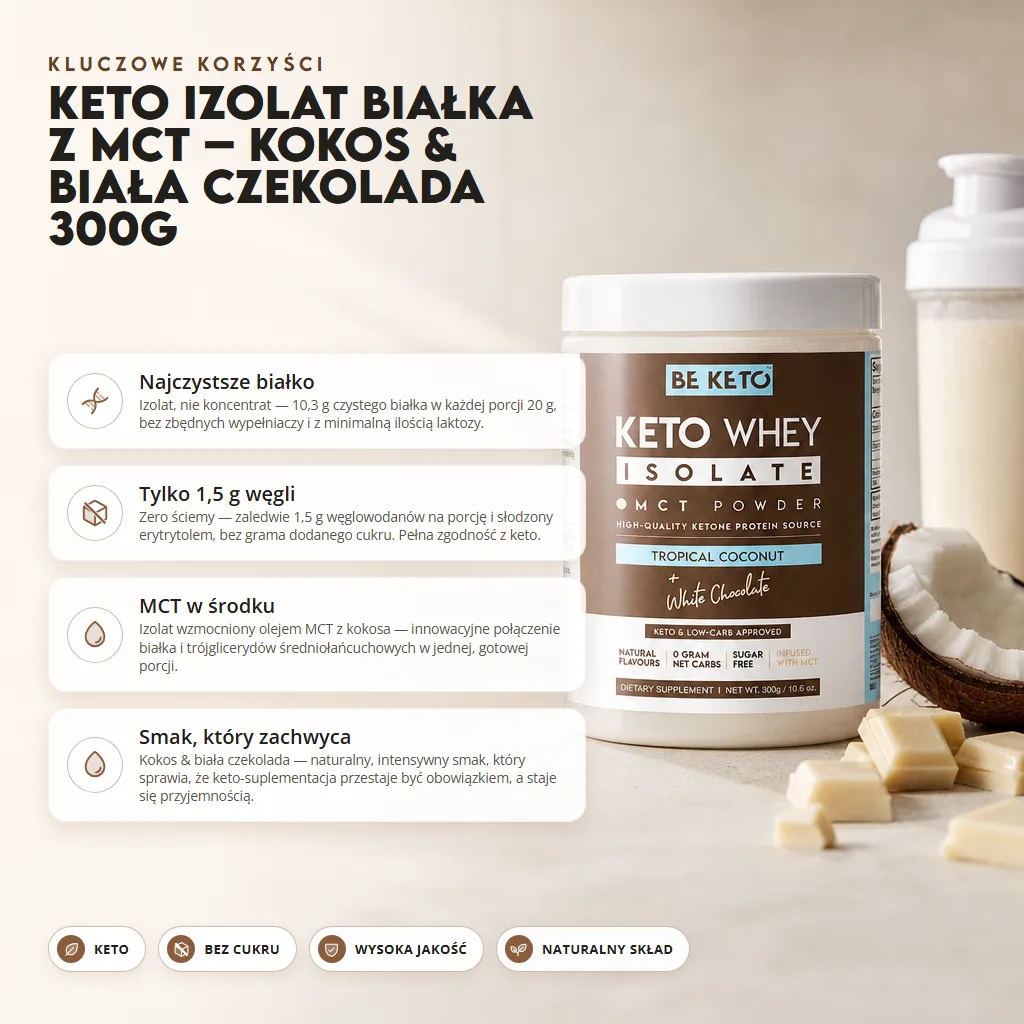 Keto Izolat Białka z MCT – Kokos & Biała Czekolada 300G