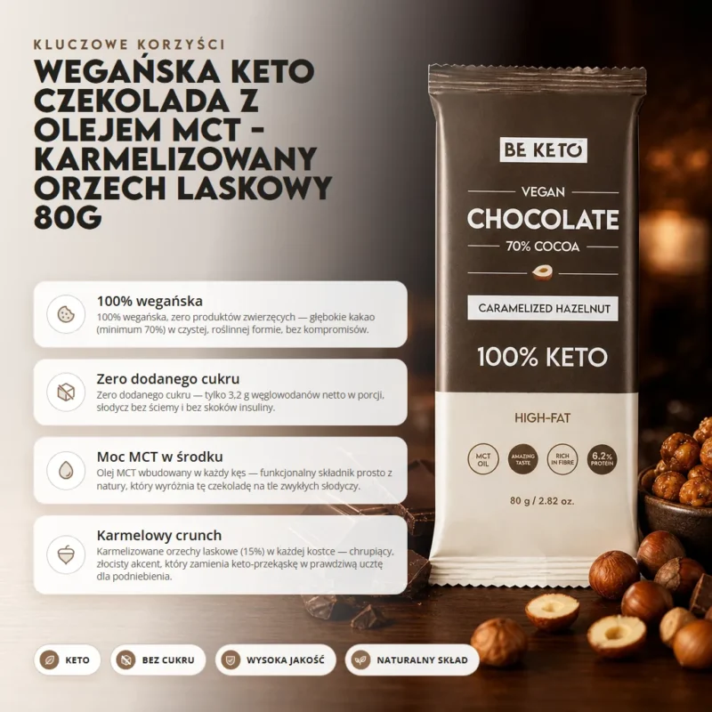 Wegańska Keto Czekolada z Olejem MCT – Karmelizowany Orzech Laskowy 80g
