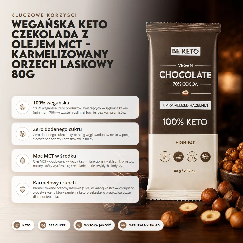 Wegańska Keto Czekolada z Olejem MCT – Karmelizowany Orzech Laskowy 80g
