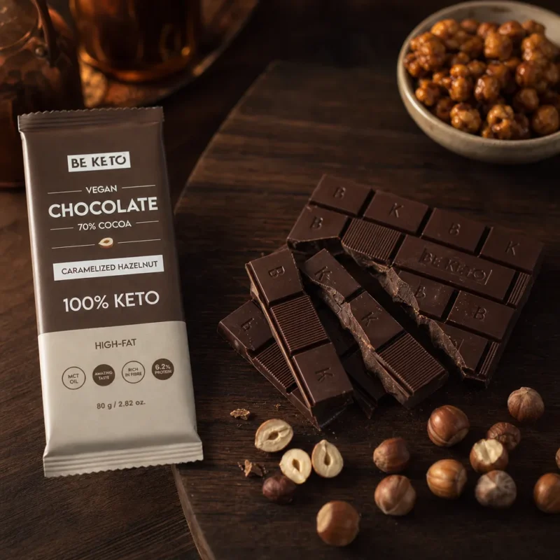 Wegańska Keto Czekolada z Olejem MCT – Karmelizowany Orzech Laskowy 80g