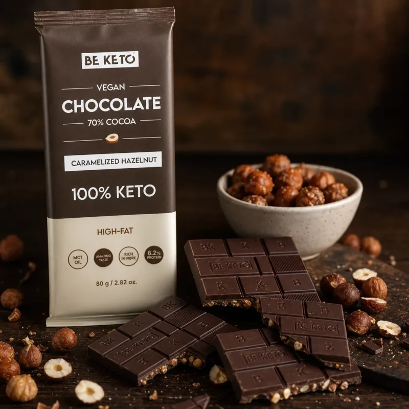 Wegańska Keto Czekolada z Olejem MCT – Karmelizowany Orzech Laskowy 80g