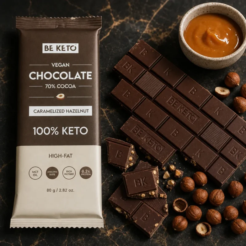 Wegańska Keto Czekolada z Olejem MCT – Karmelizowany Orzech Laskowy 80g