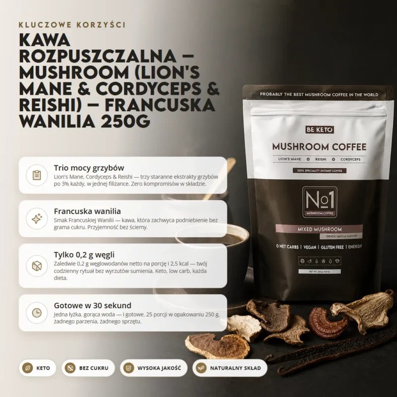 Kawa Rozpuszczalna – Mushroom (Lion’s Mane & Cordyceps & Reishi) – Francuska Wanilia 250g – Benefit Kawa Rozpuszczalna – Mushroom (Lion’s Mane & Cordyceps & Reishi) – Francuska Wanilia 250g