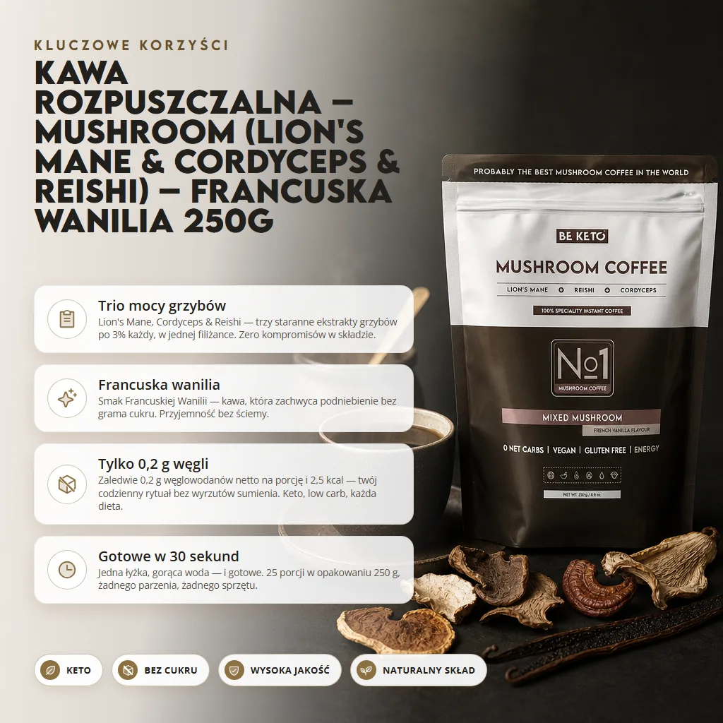 Kawa Rozpuszczalna – Mushroom (Lion’s Mane & Cordyceps & Reishi) – Francuska Wanilia 250g