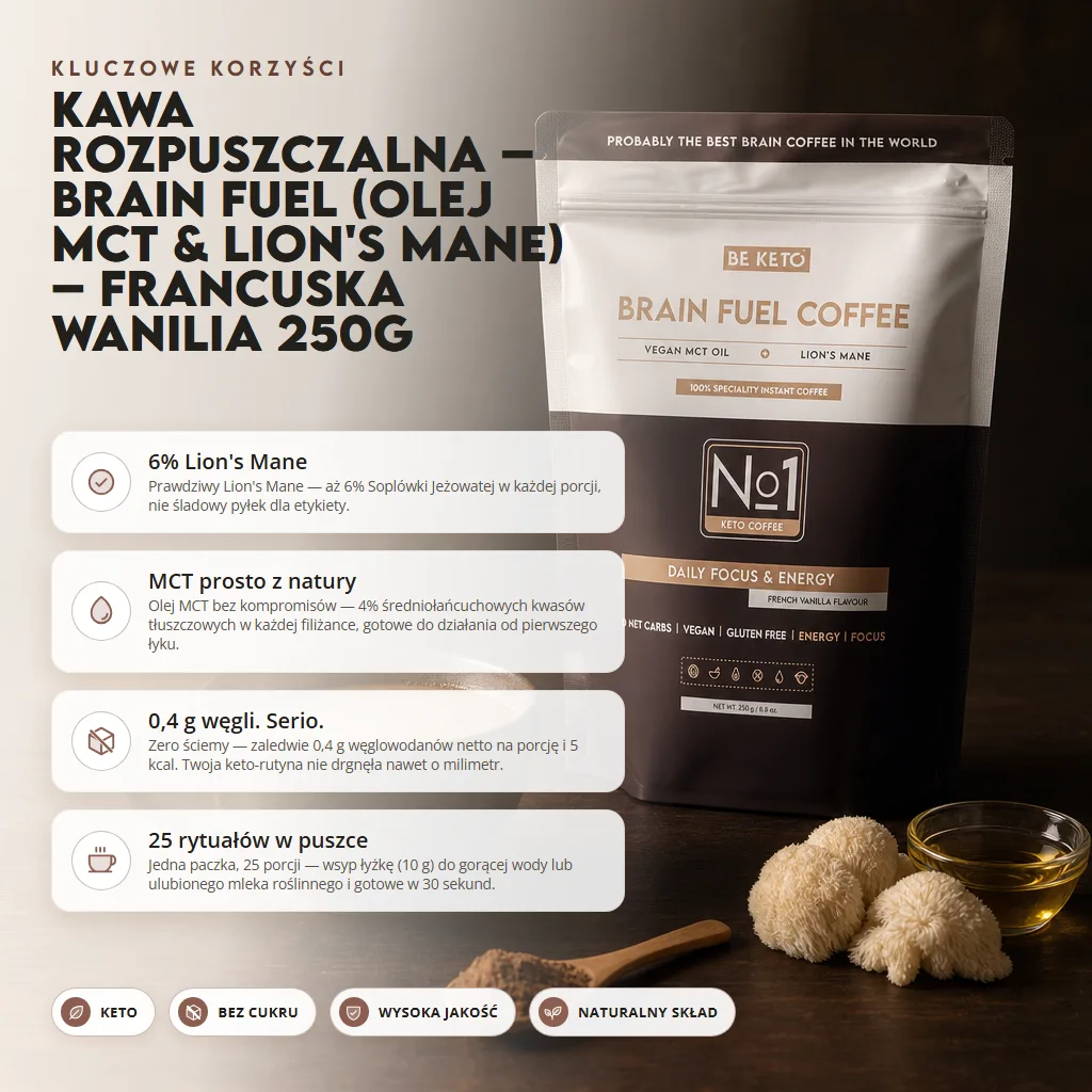 Kawa Rozpuszczalna – Brain Fuel (Olej MCT & Lion’s Mane) – Francuska Wanilia 250g