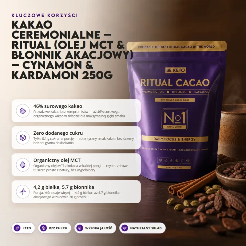 Kakao Ceremonialne – Ritual (Olej MCT & Błonnik Akacjowy) – Cynamon & Kardamon 250g