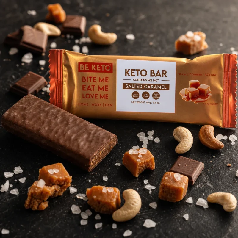 Keto Baton – Słony Karmel w Czekoladzie 40g – Lifestyle 1 Keto Baton – Słony Karmel w Czekoladzie 40g