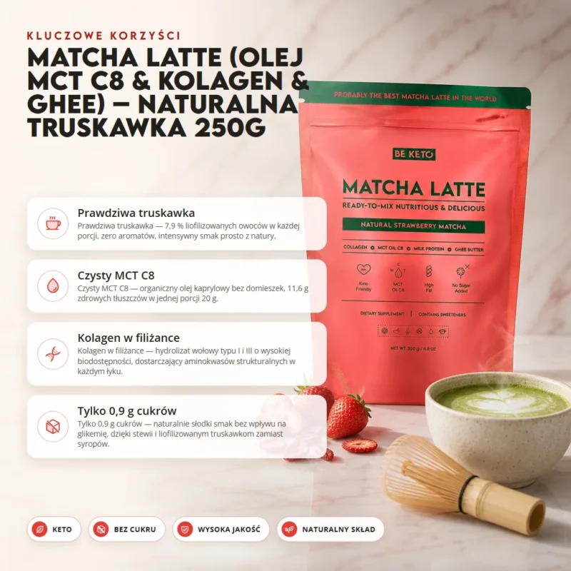 Matcha Latte (Olej MCT C8 & Kolagen & Ghee) – Naturalna Truskawka 250g – Benefit Matcha Latte (Olej MCT C8 & Kolagen & Ghee) – Naturalna Truskawka 250g
