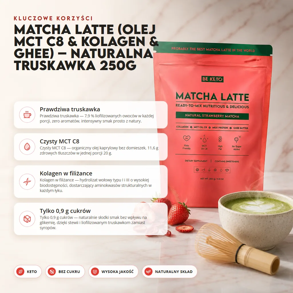 Matcha Latte (Olej MCT C8 & Kolagen & Ghee) – Naturalna Truskawka 250g
