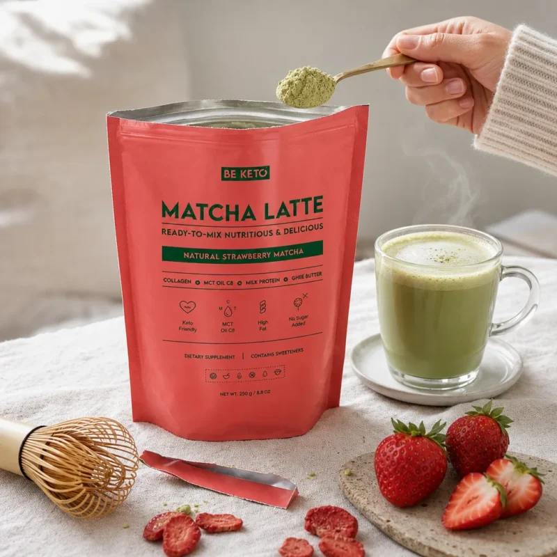 Matcha Latte (Olej MCT C8 & Kolagen & Ghee) – Naturalna Truskawka 250g – Lifestyle 1 Matcha Latte (Olej MCT C8 & Kolagen & Ghee) – Naturalna Truskawka 250g