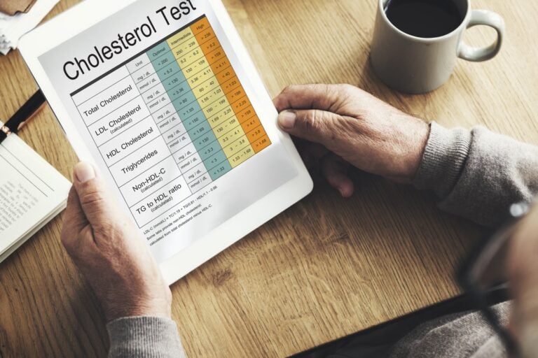 Dłonie trzymają tablet z wynikami badania cholesterolu, obok filiżanka kawy